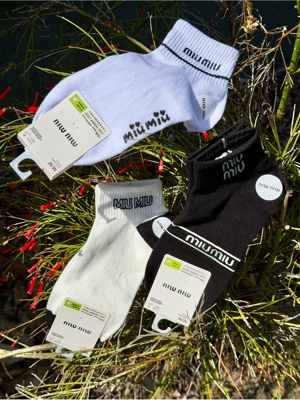 Miu Miu Black & White Ankle Socks Trio with Logo Trim